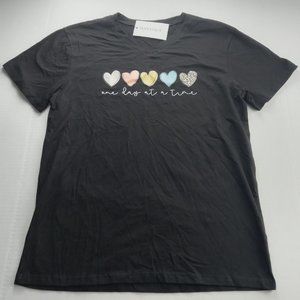 Danvouy Women's V-Neck Tee T-Shirt Size Large Black Hearts One Day At A Time